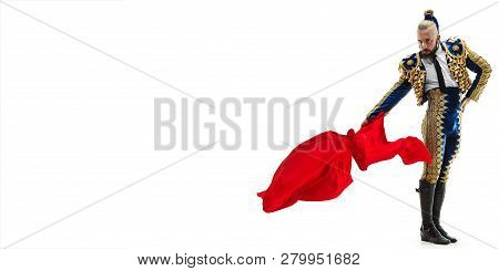 Torero In Blue And Gold Suit Or Typical Spanish Bullfighter Isolated Over White Studio Background. T
