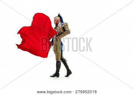 Torero In Blue And Gold Suit Or Typical Spanish Bullfighter Isolated Over White Studio Background. T