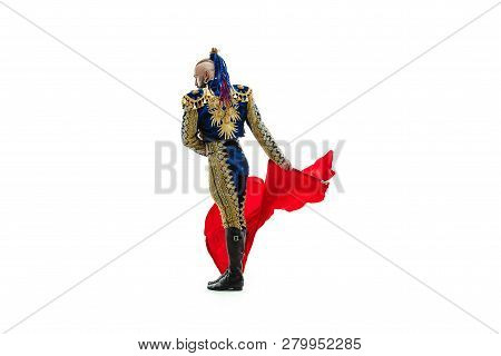 Torero In Blue And Gold Suit Or Typical Spanish Bullfighter Isolated Over White Studio Background. T