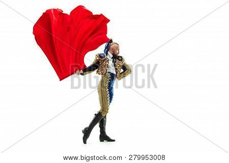 Torero In Blue And Gold Suit Or Typical Spanish Bullfighter Isolated Over White Studio Background. T