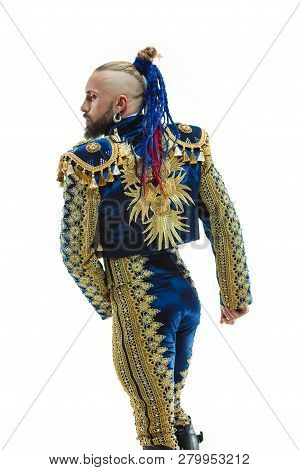 Torero In Blue And Gold Suit Or Typical Spanish Bullfighter Isolated Over White Studio Background. T