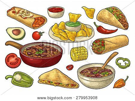 Mexican Traditional Food Set With Guacamole, Enchilada, Burrito, Tacos, Nachos