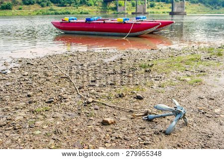 Water Trip On A Catamaran On A Dniester River. Red Catamaran.