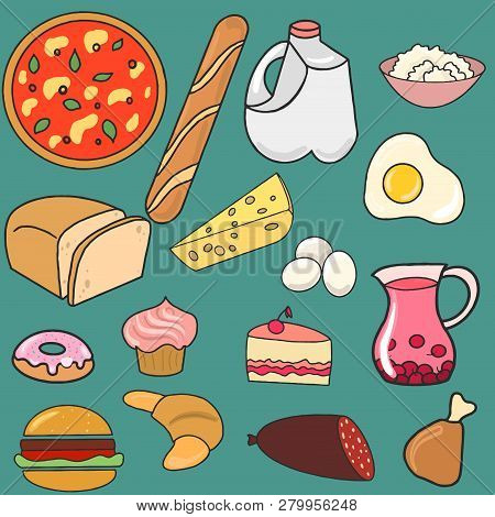 Vector Illustration . A Collection Of Breads, Dairy Products, Beverages, Desserts, Meats And Eggs.