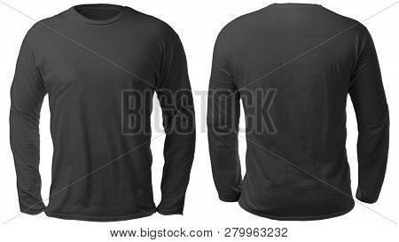 Blank Long Sleeved Shirt Mock Up Template, Front And Back View, Isolated On White, Plain Black T-shi
