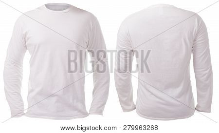 Blank Long Sleeved Shirt Mock Up Template, Front And Back View, Isolated On White, Plain T-shirt Moc