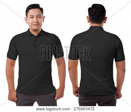 Blank Collared Shirt Mock Up Template, Front And Back View, Asian Male Model Wearing Plain Black T-s