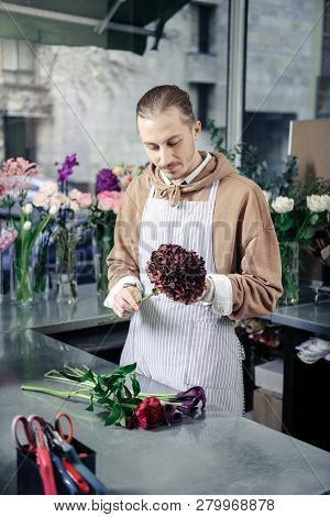 Concentrated Blonde Man Looking At Unordinary Flower