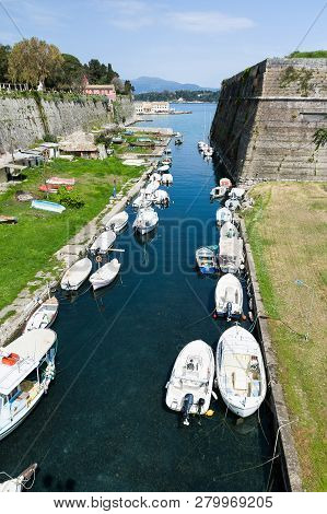 The Old Fortress, Corfu Town, Greece. The Contrafossa Canal That Connecting The Gulf Of Kerkyra With