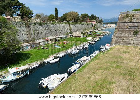 The Old Fortress, Corfu Town, Greece. The Contrafossa Canal That Connecting The Gulf Of Kerkyra With