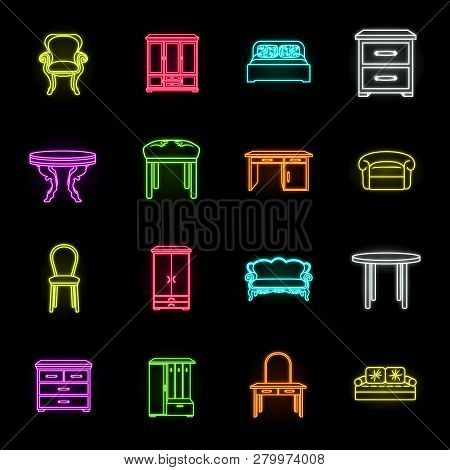 Furniture And Interior Neon Icons In Set Collection For Design.home Furniture Vector Symbol Stock We