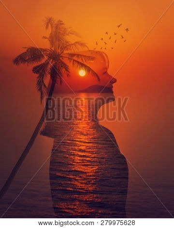 Smiling Woman Silhouette Double Exposure Effect Over Sea Sunset Background. Beautiful Exotic Seascap