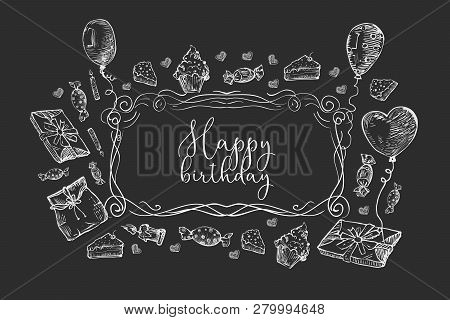 Happy Birthday Background. Doodles Birthday Sets, Party Blowouts, Party Hats, Gift Boxes And Bows. V
