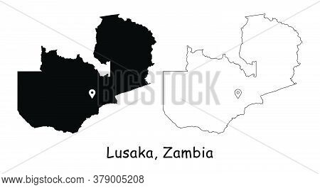 Lusaka, Zambia. Detailed Country Map With Location Pin On Capital City. Black Silhouette And Outline