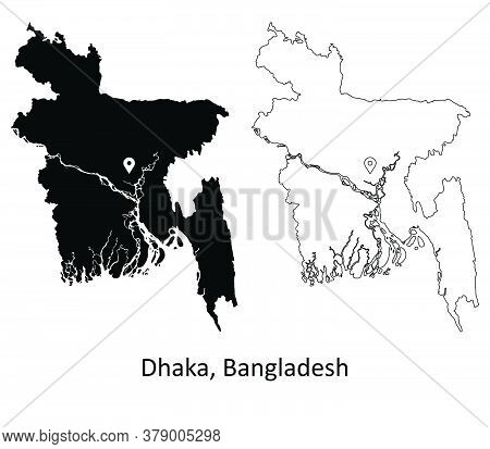 Dhaka Bangladesh. Detailed Country Map With Capital City Location Pin. Black Silhouette And Outline 