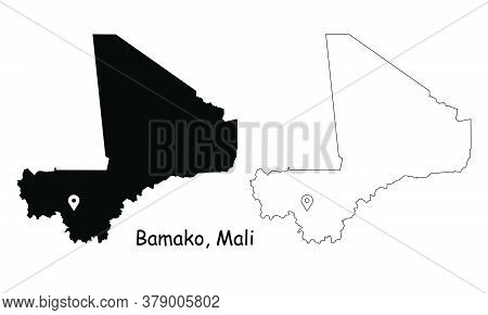 Bamako Mali. Detailed Country Map With Location Pin On Capital City. Black Silhouette And Outline Ma