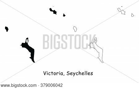 Victoria, Seychelles. Detailed Country Map With Location Pin On Capital City. Black Silhouette And O