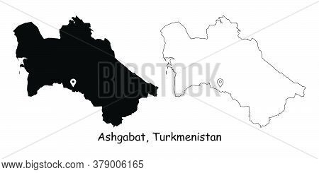 Ashgabat, Turkmenistan. Detailed Country Map With Location Pin On Capital City. Black Silhouette And