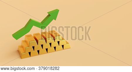 Gold Bar With Arrow Rise Up, Banner Background With Copy Space, 3d Rendering