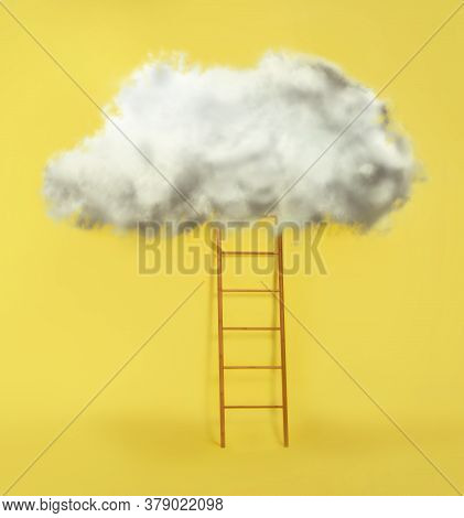 Wooden Ladder With Cloud On Yellow Background. Conceptual Design