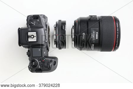 Barcelona, Spain - July 31, 2020: Brand New Mirrorless Digital Camera Canon R5 On White Background C