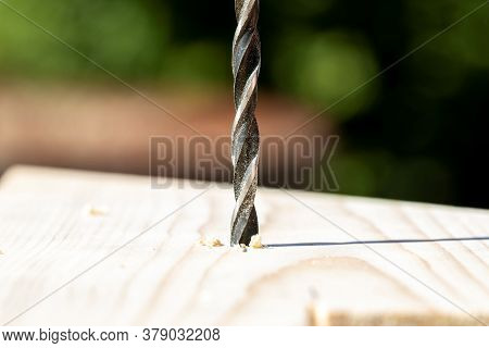 A Closeup Portrait Of A Drill Drilling A Hole Into A Wooden Plank. The Wood Drill Bit Is Full Of Woo