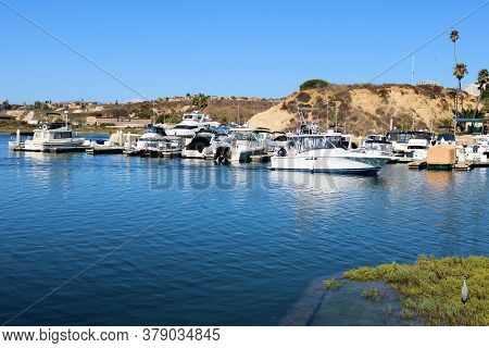 July 31, 2020 In Newport Beach, Ca:  Docked Yachts At The Newport Back Bay Which Is An Estuary Surro