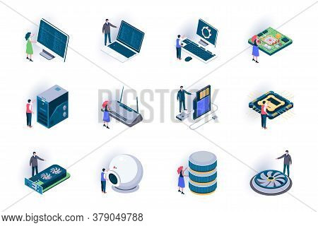 Computer Elements Isometric Icons Set. Digital Electronics Components And Computer Parts Flat Vector