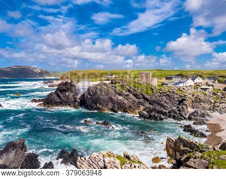 Aerial View Of The Beautiful Coast Next To Carrickabraghy Castle - Isle Of Doagh, Inishowen, County 