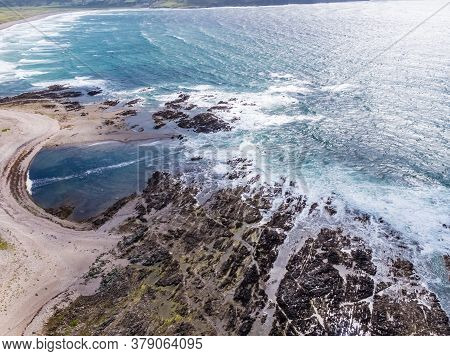 Aerial View Of The Beautiful Coast Next To Carrickabraghy Castle - Isle Of Doagh, Inishowen, County 