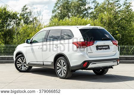 Novosibirsk/ Russia - July 04 2020: White Mitsubishi Outlander,  Back View.  Photography Of A Modern