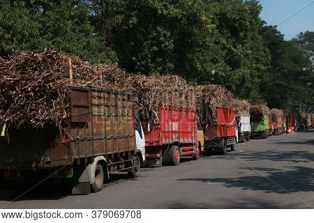 Yogyakarta, Indonesia - July 27, 2020 - Sugar Cane Trucks Lined Up In Front Of The Madukismo Sugar F