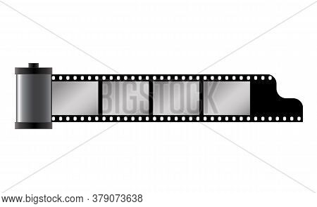 Classical 35 Mm Film Tape Cartridge With Four Frames Strip Isolated On White Background