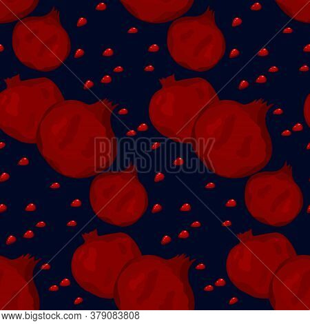 Seamless Pattern With Flat Images. Pomegranates On Gark Background. Eco Fruits.