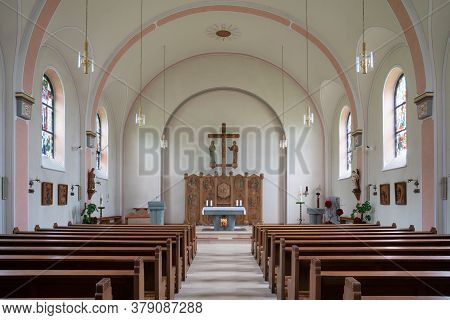 Schmallenberg, Germany - June 11, 2020: View Throught The Main Aisle Of The Parish Church Saint Mich