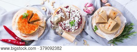Assortment Of Organic Non-dairy, Raw Cheese From Cashew Nuts. Vegan, Vegetarian, Plant-based Food, N