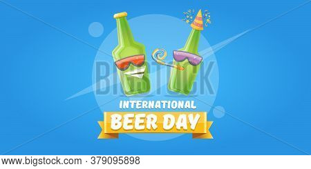 Happy International Beer Day Horizonatal Banner With Cartoon Funny Beer Bottles Friends Characters W