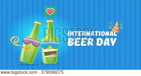 Happy International Beer Day Horizonatal Banner With Cartoon Funny Beer Bottles Friends Characters W