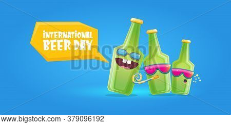 Happy International Beer Day Horizonatal Banner With Cartoon Funny Beer Bottles Friends Characters W