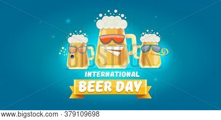 Happy International Beer Day Horizonatal Banner With Cartoon Funny Beer Glass Friends Characters Wit