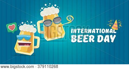 Happy International Beer Day Horizonatal Banner With Cartoon Funny Beer Glass Friends Characters Wit