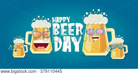 Happy International Beer Day Horizonatal Banner With Cartoon Funny Beer Glass Friends Characters Wit