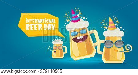 Happy International Beer Day Horizonatal Banner With Cartoon Funny Beer Glass Friends Characters Wit