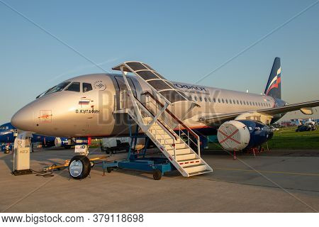 August 30, 2019. Zhukovsky, Russia. Russian Short-range Narrow-body Passenger Aircraft  Sukhoi Super