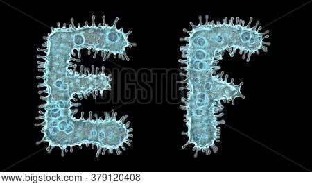 Set of letters made of virus isolated on black background. Capital letter E, F. 3d rendering. Covid font 3d
