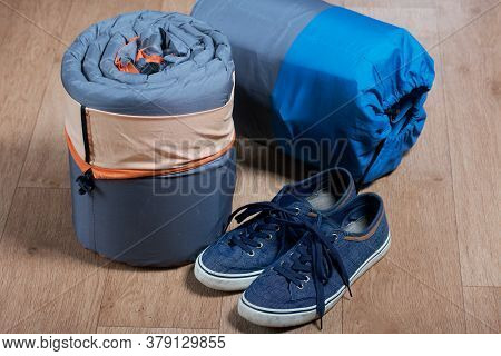 Tourist Equipment. Self-inflating Rugs And Sneakers. Lie On The Floor In The Room.