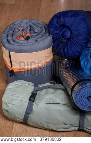 Tourist Equipment. Self-inflating Rugs And Sneakers. Lie On The Floor In The Room.