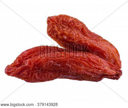 Two Dried Barberry Berries, Stacked One On Top Of The Other And Isolated On White Background, Macro 