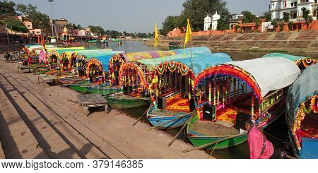 December 20 2018, Chitrakoot, India Boats On The Banks Of Mandakini River In Ram Ghat Chitrkoot.