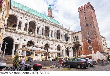 Vicenza, Italy - August 12, 2019: Palladian Basilica And Torre Del Girone Or Torre Del Tormento In P